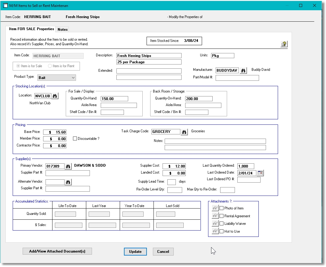 Marina Mate Accounting Inventory Item for Sale Screen