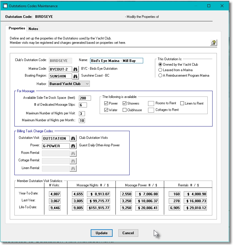 Marina Mate Accounting Yacht Club Outstation Codes Screen