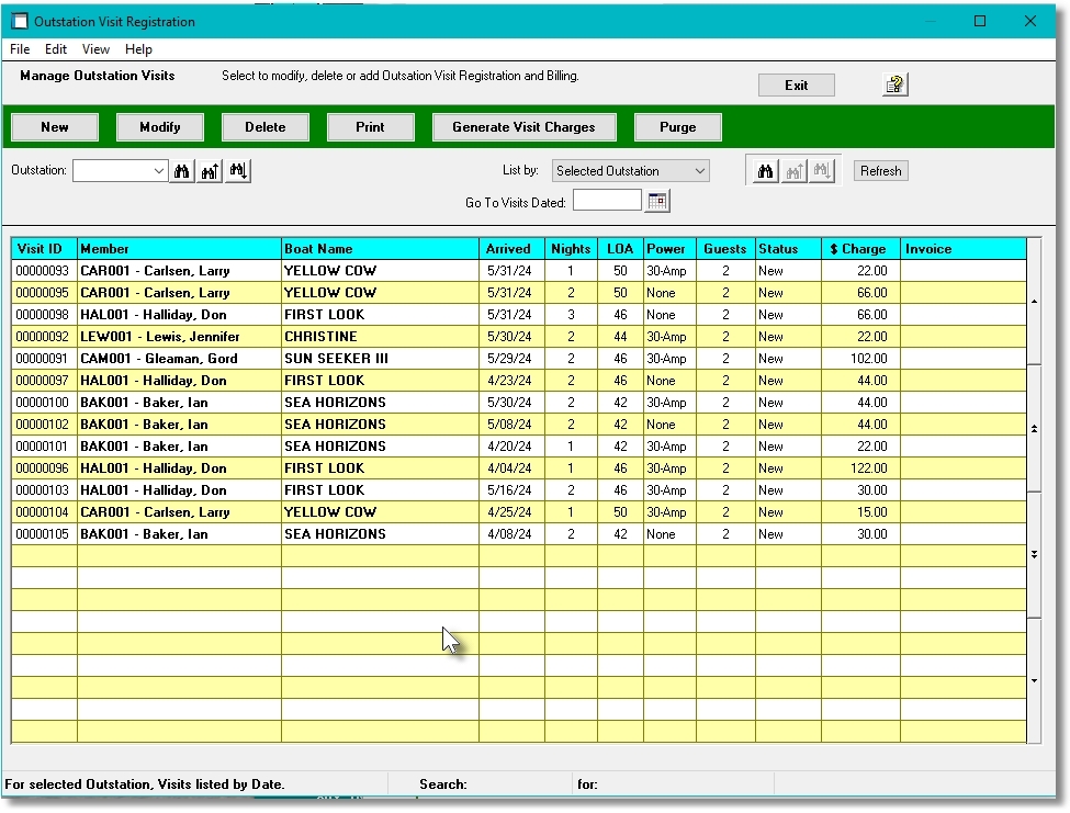 Marina Mate Accounting Outstation Visit Transaction Grid Screen