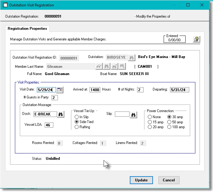 Marina Mate Accounting Outstation Visit Transaction Properties Screen