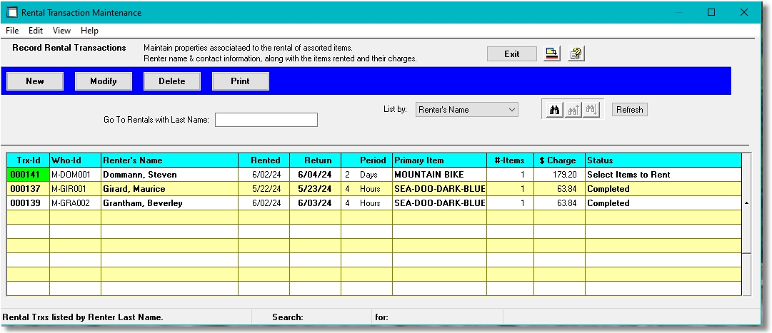 Marina Mate Accounting Rental Transactions Grid Screen