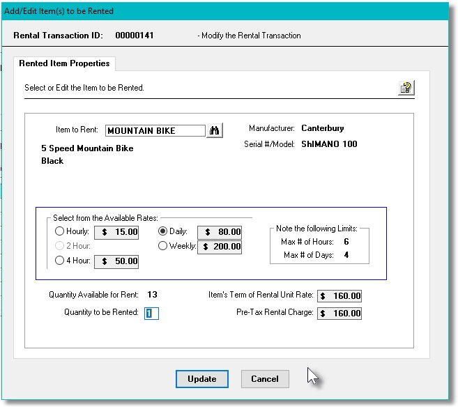 Marina Mate Accounting Selecting Items to be Rented Screen