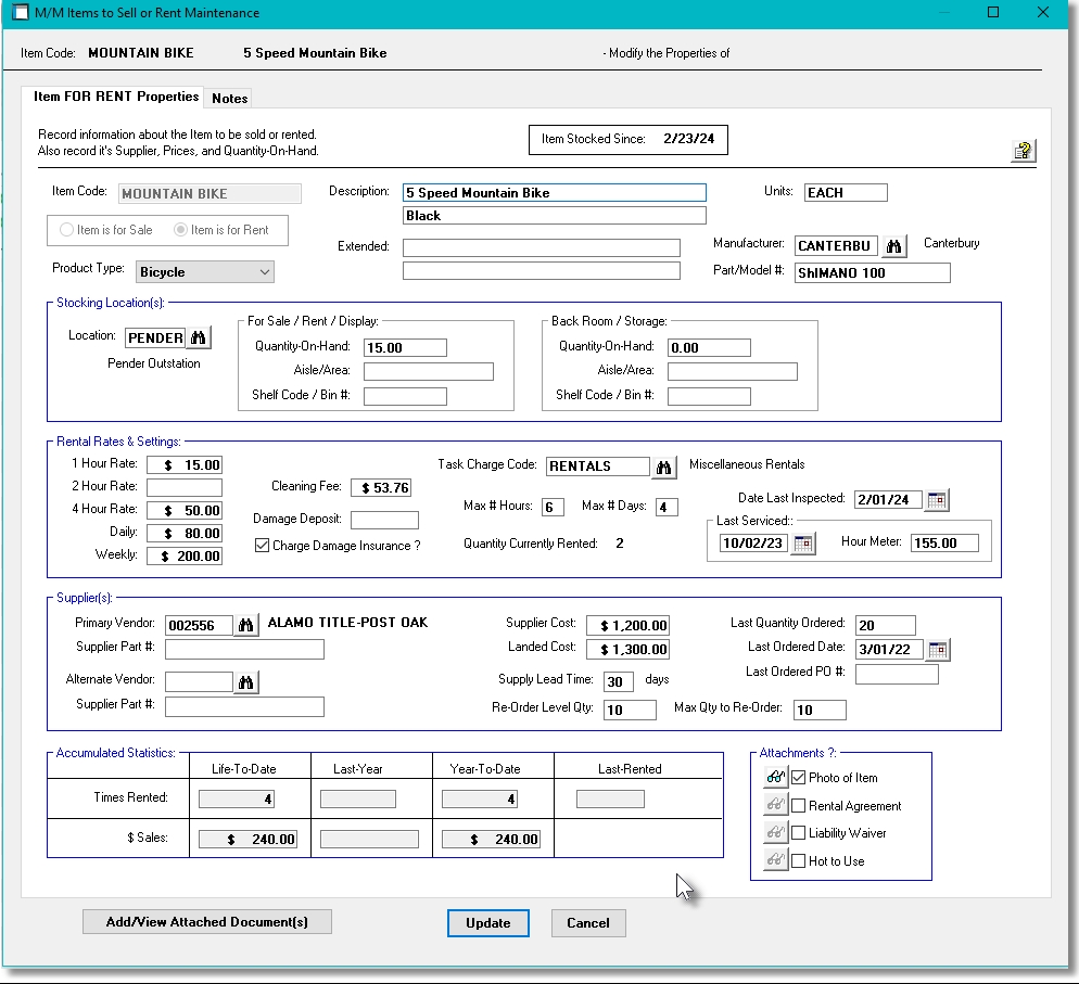 Marina Mate Accounting Inventory Item for Rent Screen