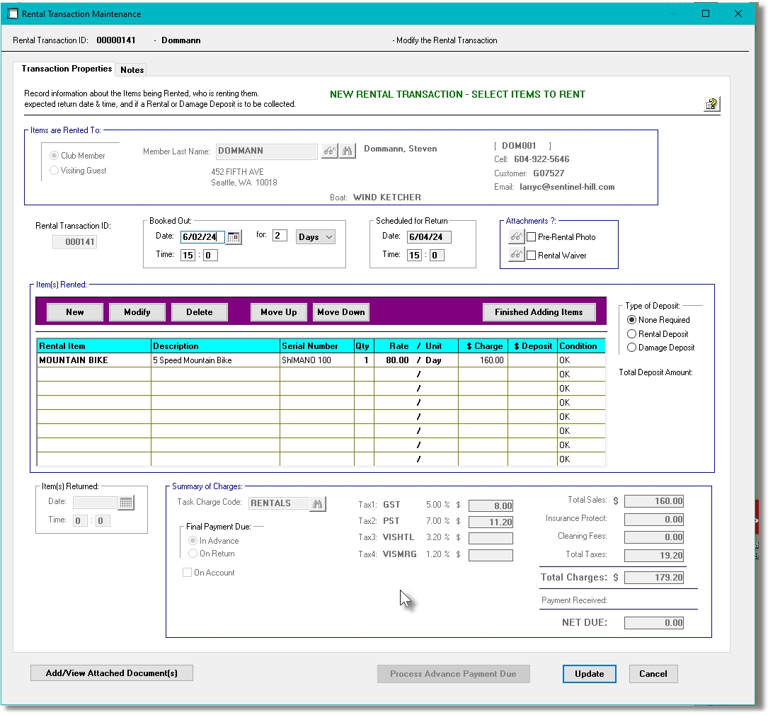 Marina Mate Accounting Rental Transaction Properties Screen