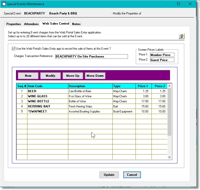 Marina Mate Accounting Event Items for Sale Grid Screen